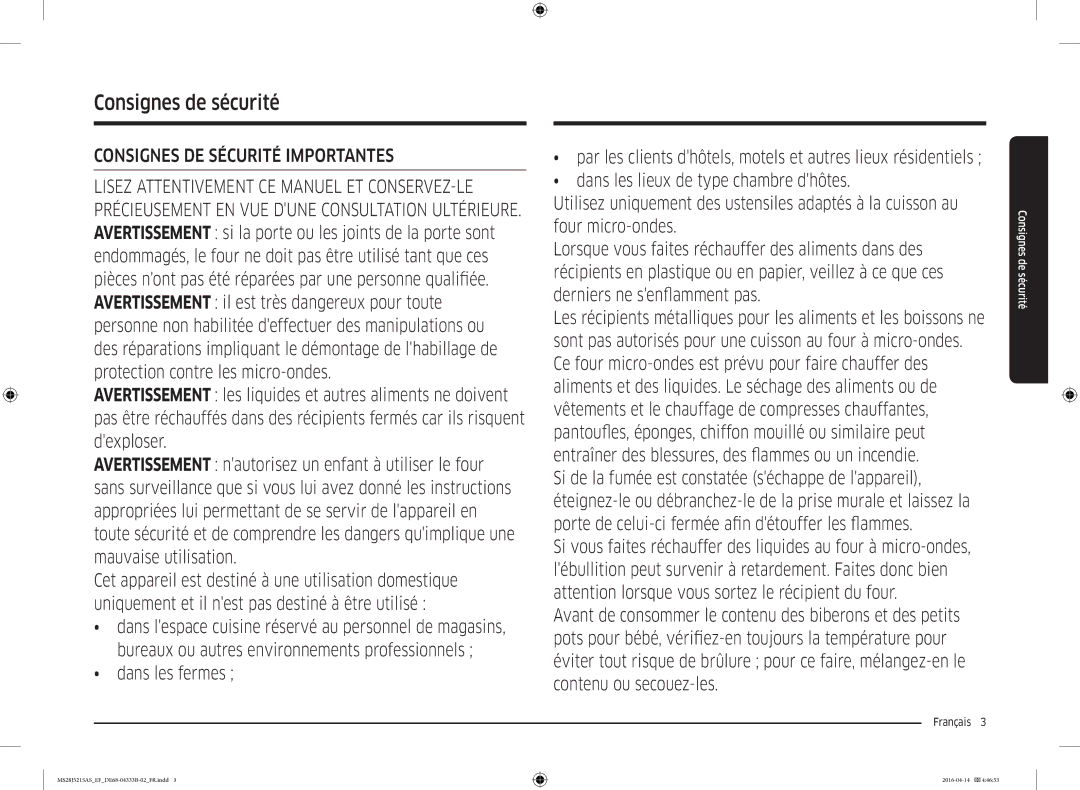 Samsung MS28J5215AW/EF, MS28J5215AS/EF, MS28J5215AB/EF manual Consignes de sécurité, Français  